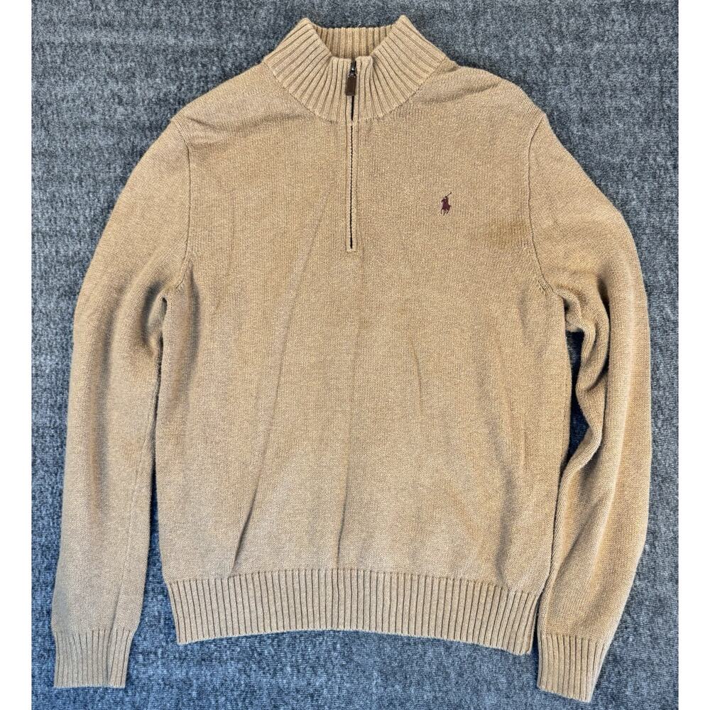 Mens Polo Ralph Lauren Brown 1/4 Zip Cotton Sweater Large